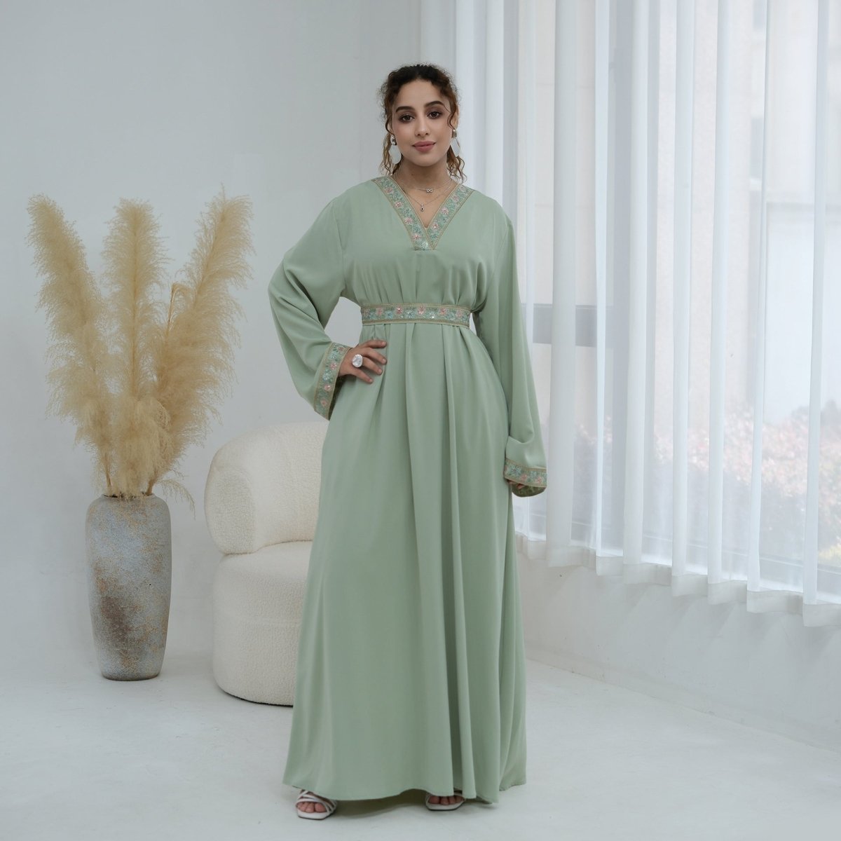 Floral Embroidered V-Neck Nida Maxi Dress(MA448) - Mariam's Collection