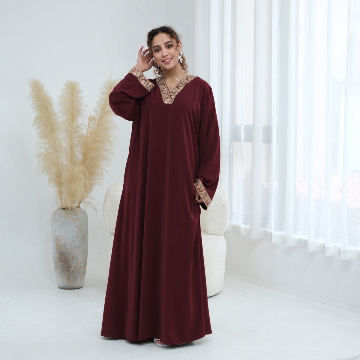 Floral Embroidered V-Neck Nida Maxi Dress(MA448) - Mariam's Collection