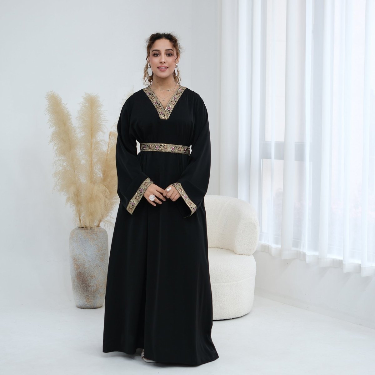 Floral Embroidered V-Neck Nida Maxi Dress(MA448) - Mariam's Collection