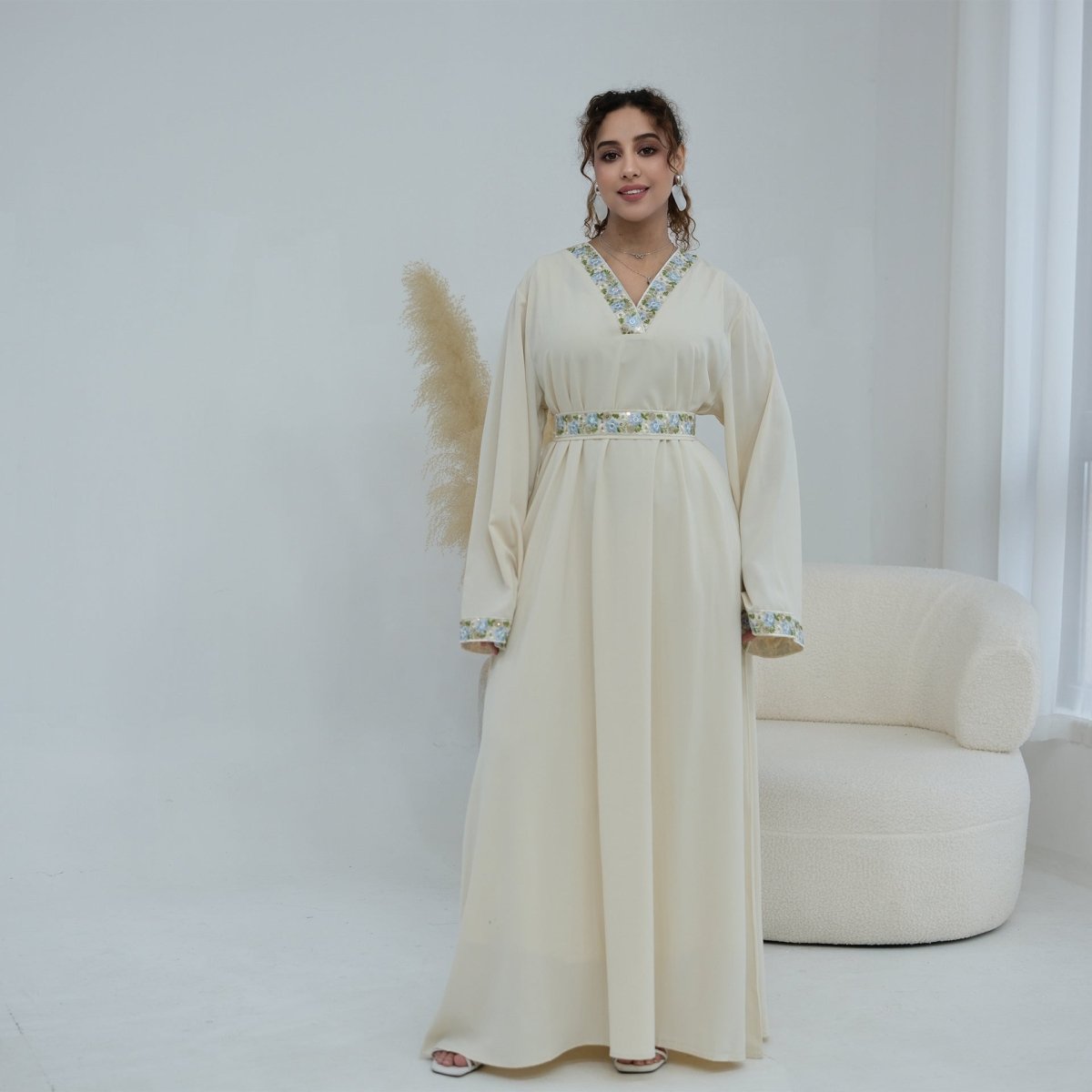 Floral Embroidered V-Neck Nida Maxi Dress(MA448) - Mariam's Collection