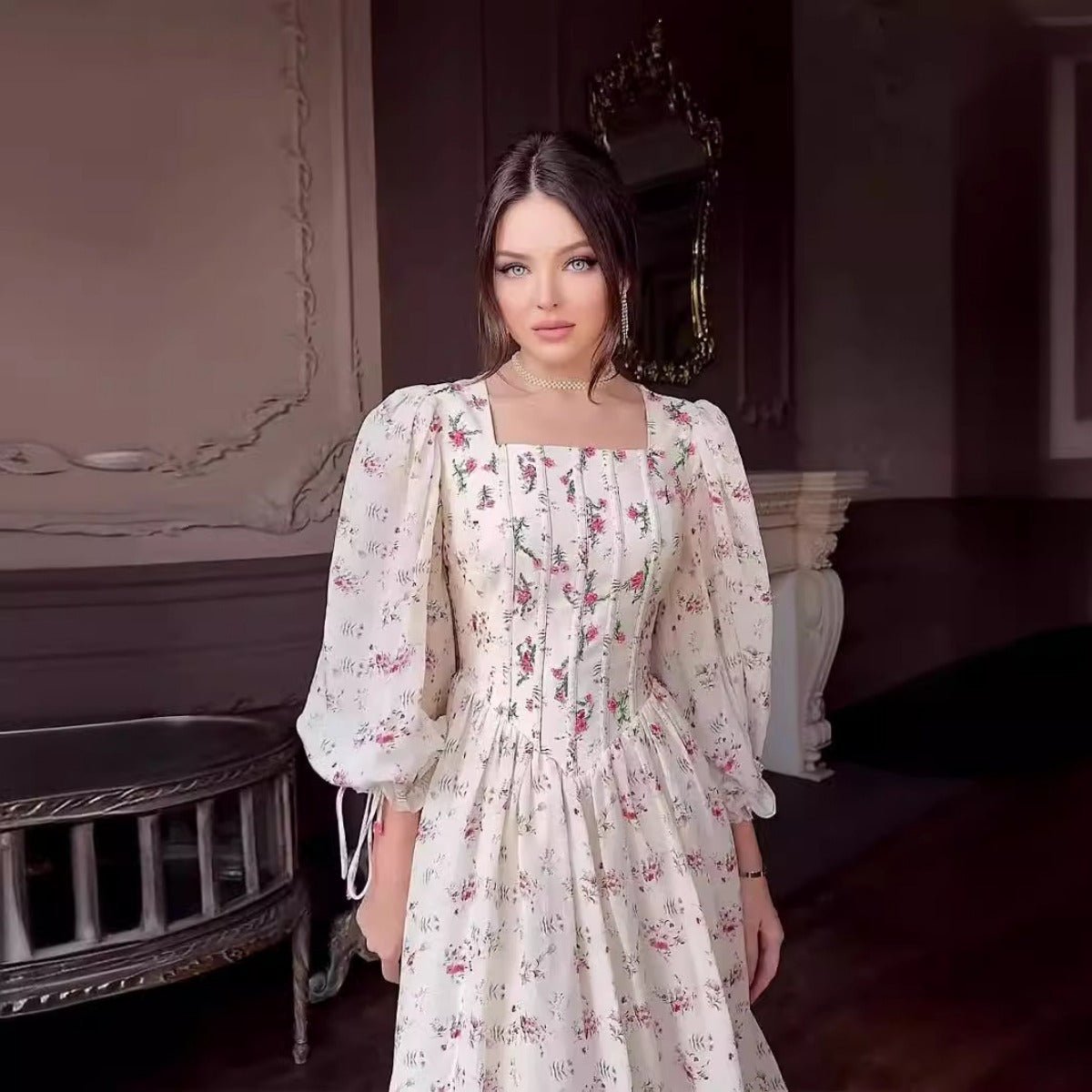 Floral Fairy Romantic Square Neck Bubble Sleeve Gown Dress Abaya with Back Lace - Up Detail. (MA224) - Mariam's Collection