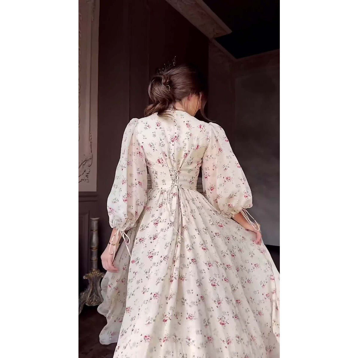 Floral Fairy Romantic Square Neck Bubble Sleeve Gown Dress Abaya with Back Lace - Up Detail. (MA224) - Mariam's Collection