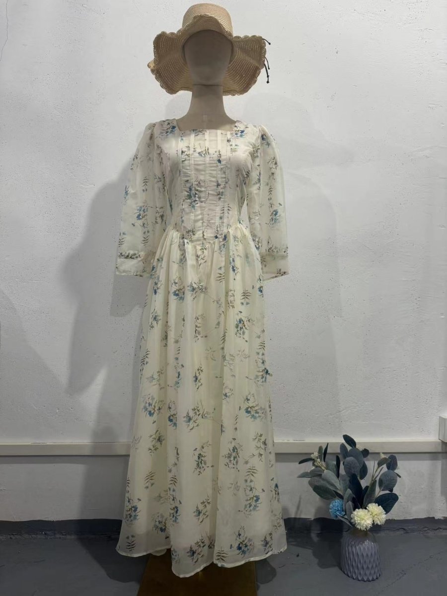 Floral Fairy Romantic Square Neck Bubble Sleeve Gown Dress Abaya with Back Lace - Up Detail. (MA224) - Mariam's Collection