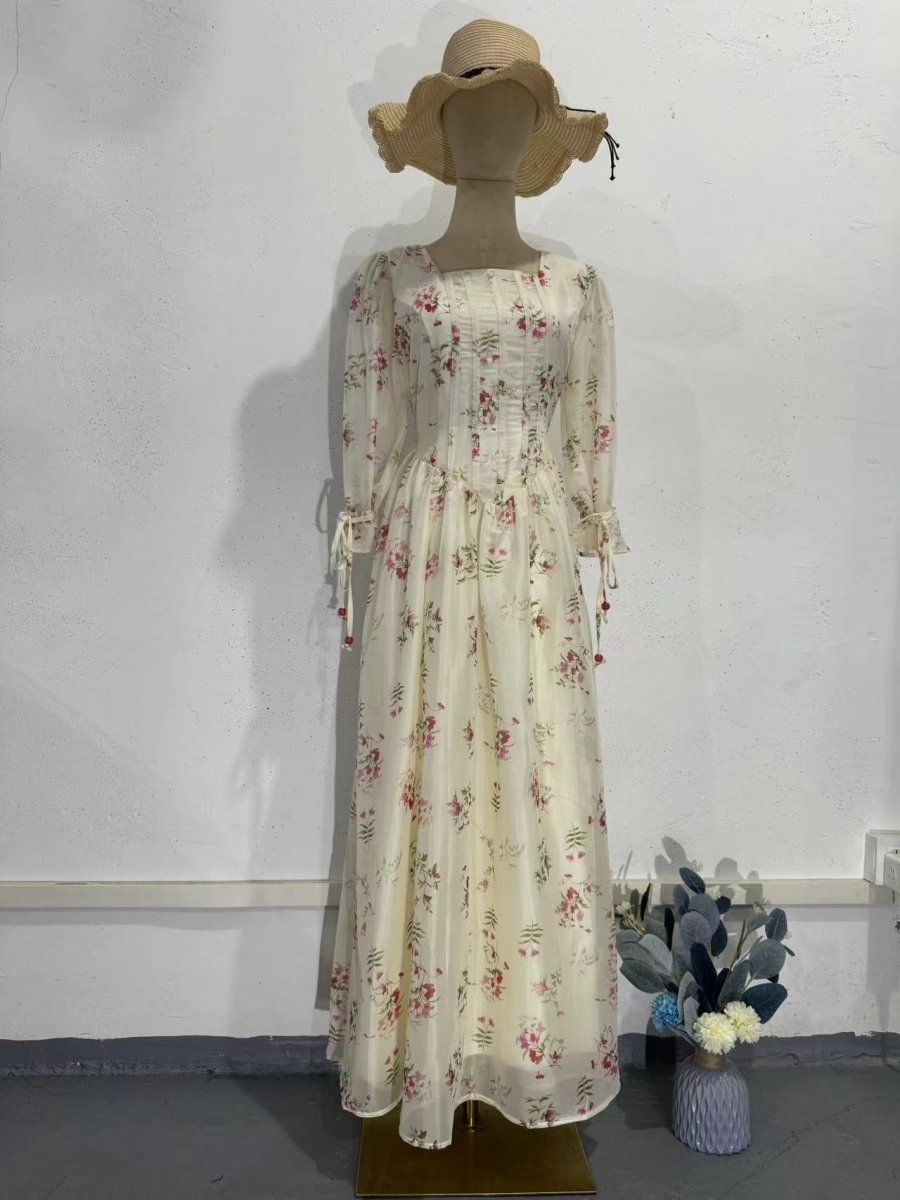 Floral Fairy Romantic Square Neck Bubble Sleeve Gown Dress Abaya with Back Lace - Up Detail. (MA224) - Mariam's Collection