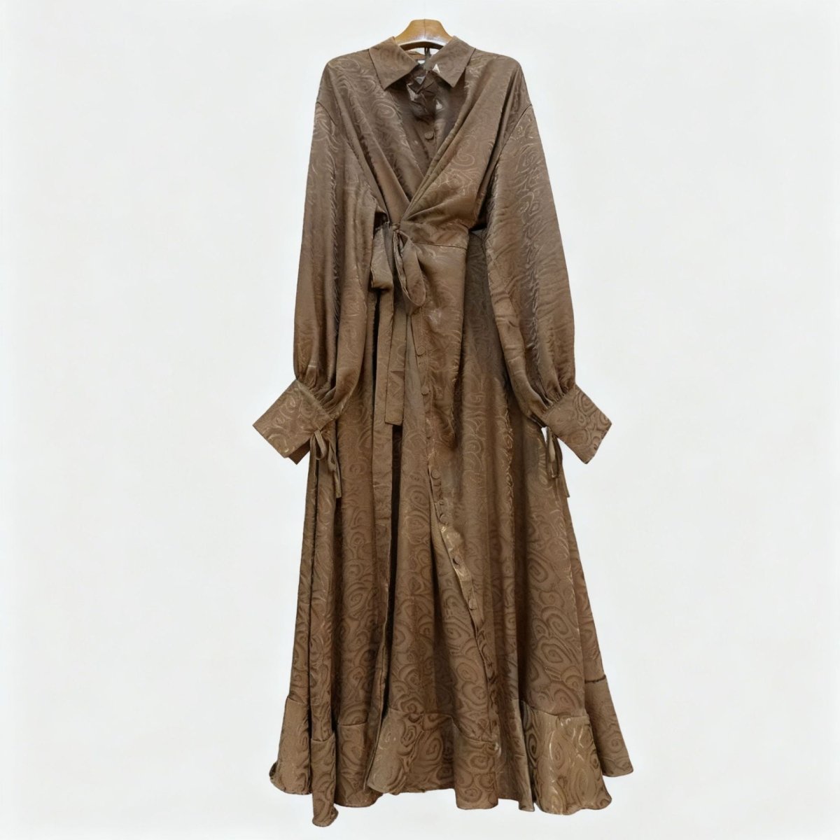 Floral Jacquard Wrap Dress | Collared Tie - Sleeve Maxi Dress(MS257) - Mariam's Collection