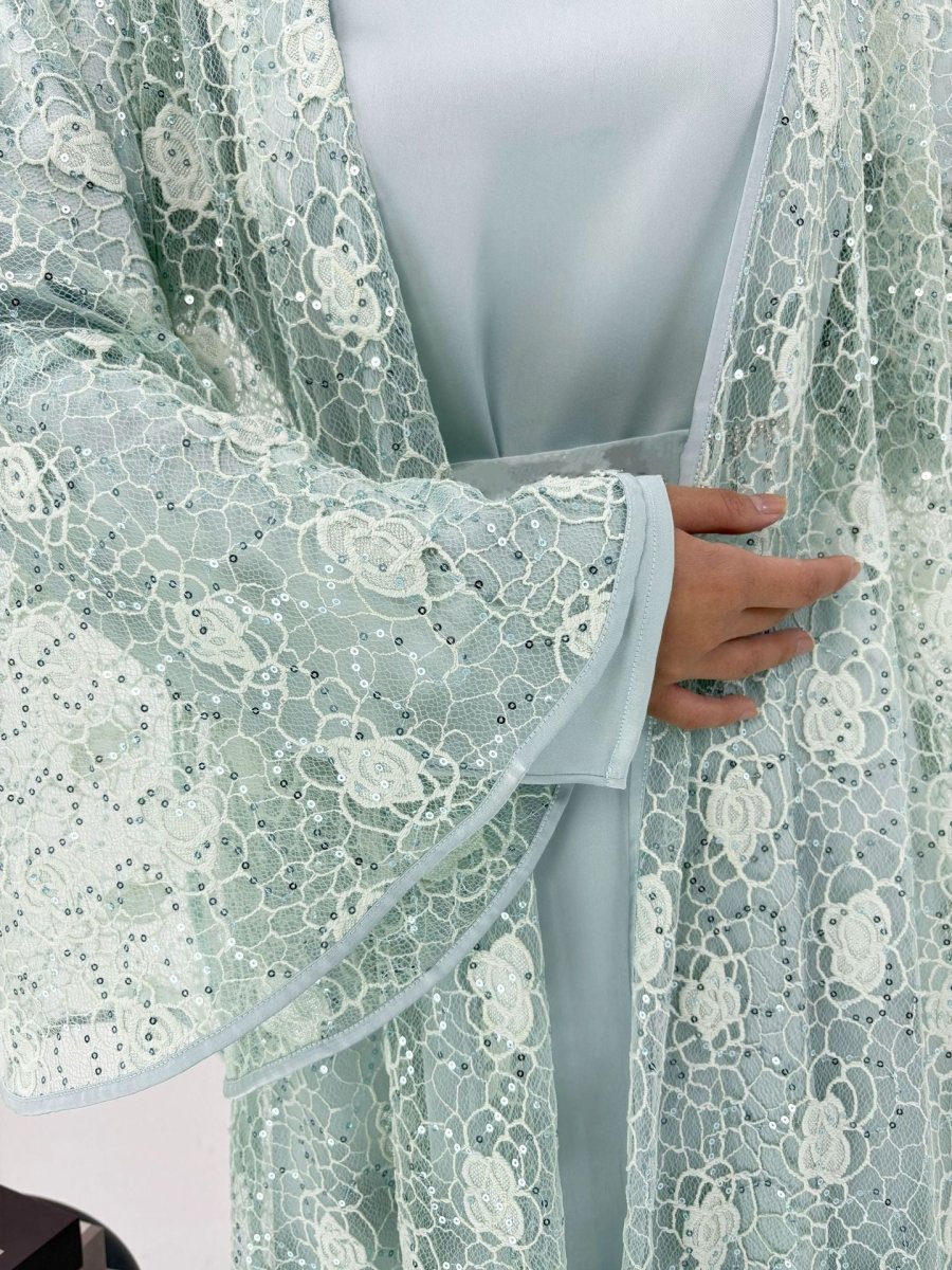 Floral Lace Abaya, Elegant Bell Sleeve Open Abaya 2 - Piece Set (MOA142) - Mariam's Collection
