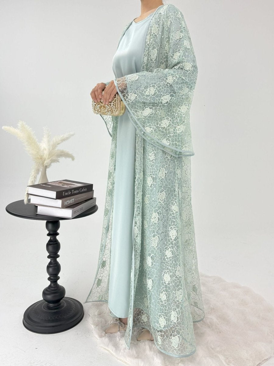 Floral Lace Abaya, Elegant Bell Sleeve Open Abaya 2 - Piece Set (MOA142) - Mariam's Collection