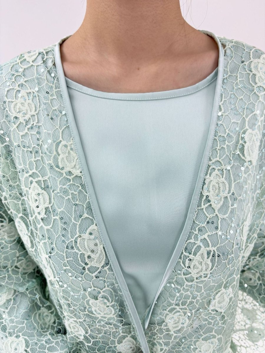 Floral Lace Abaya, Elegant Bell Sleeve Open Abaya 2 - Piece Set (MOA142) - Mariam's Collection