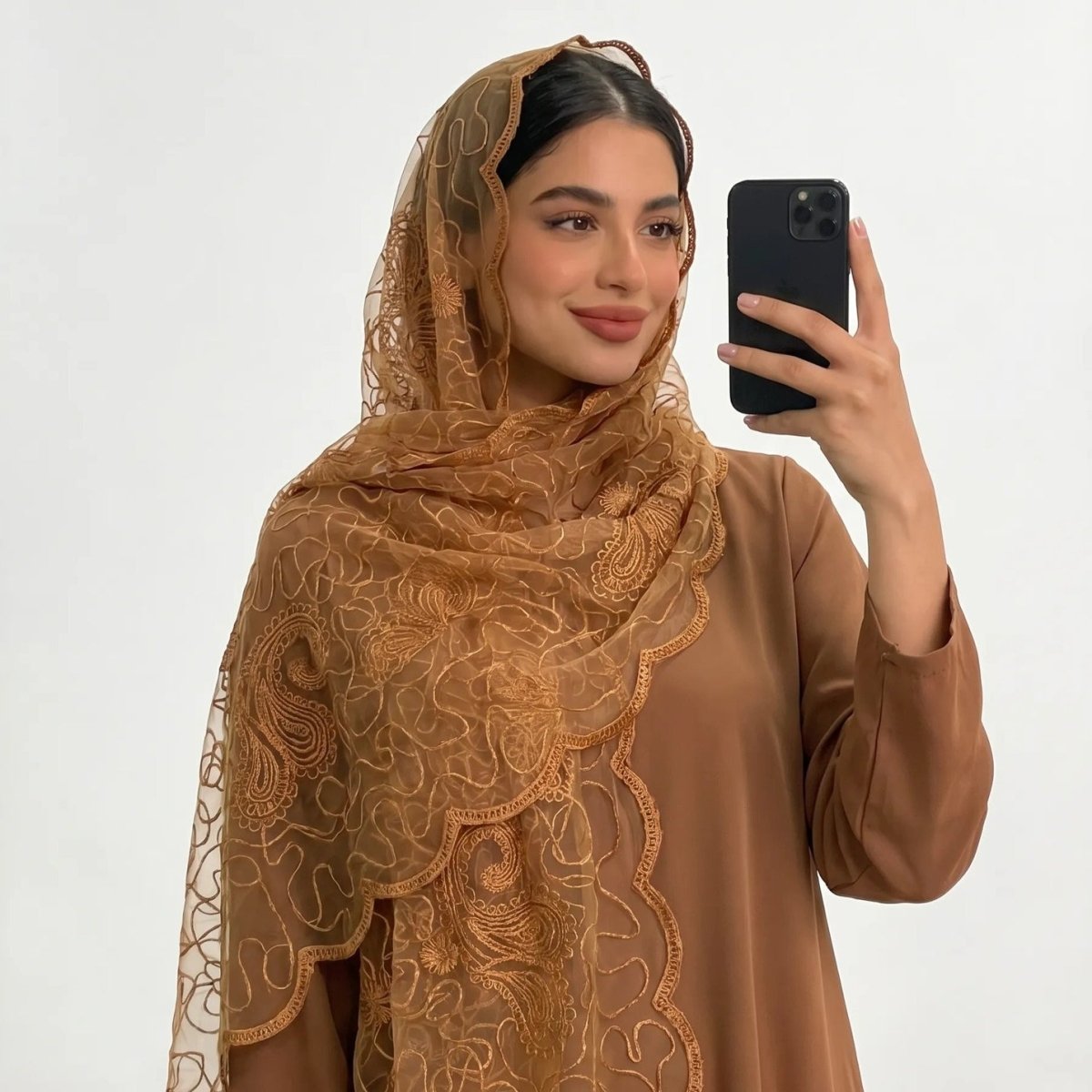 Floral Lace Embroidered Mesh Hijab(MH235) - Mariam's Collection