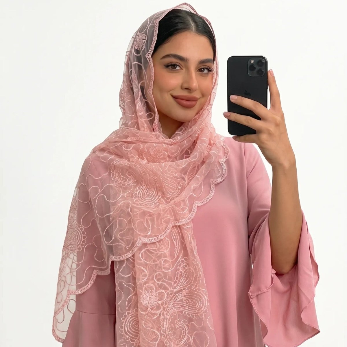 Floral Lace Embroidered Mesh Hijab(MH235) - Mariam's Collection