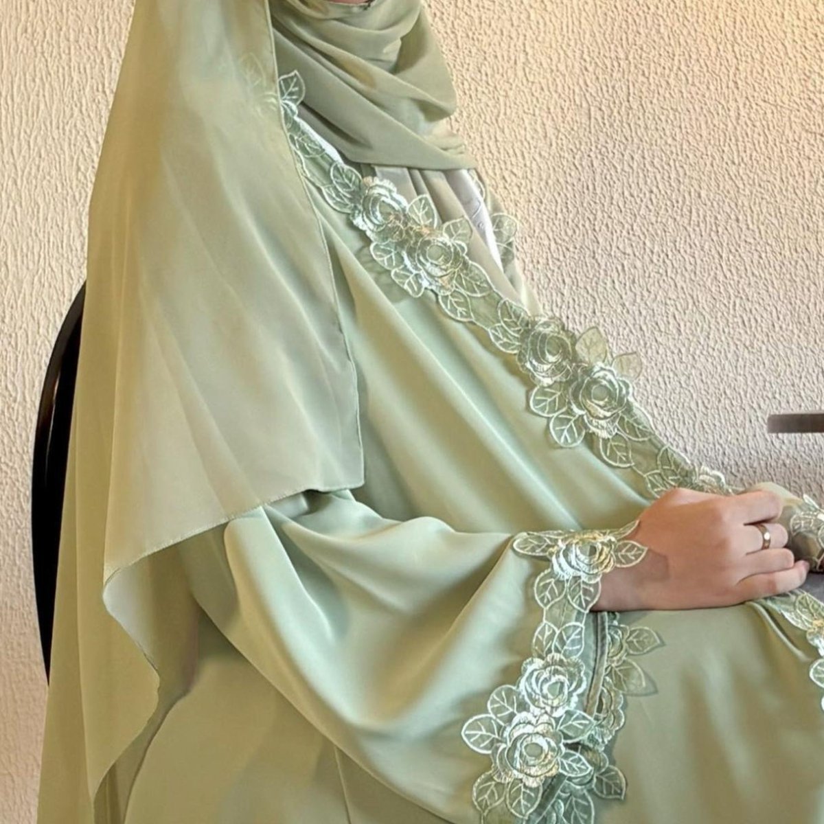 Floral Lace Trim Abaya with Hijab(MOA264) - Mariam's Collection