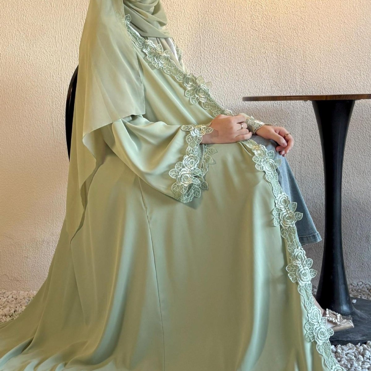 Floral Lace Trim Abaya with Hijab(MOA264) - Mariam's Collection