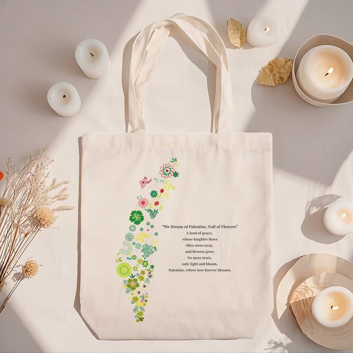 Floral Palestine Tote Bag – Love Forever Blooms (MAC236) - Mariam's Collection