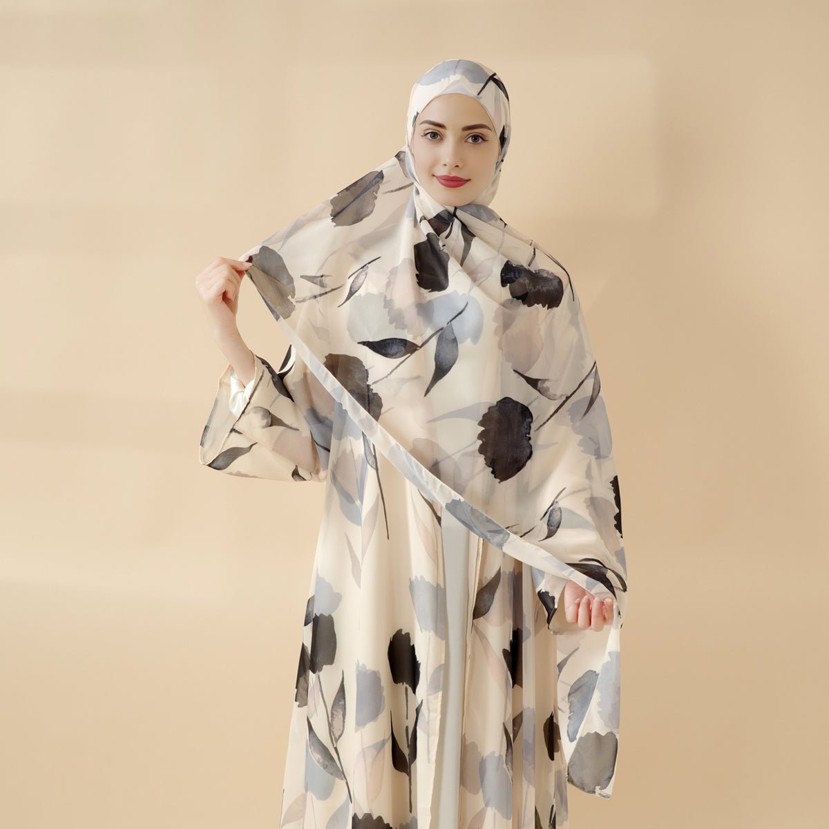 Floral Pattern 2 - Piece Set Lightweight Printed Open Abaya (MOA124) - Mariam's Collection