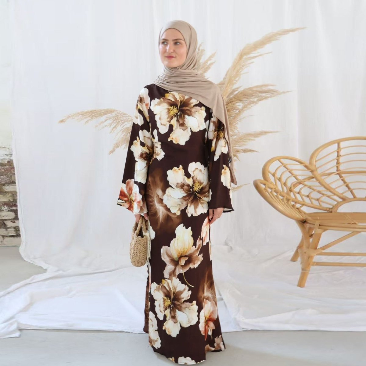 Floral Print Abaya with Bell Sleeves(MA332) - Mariam's Collection