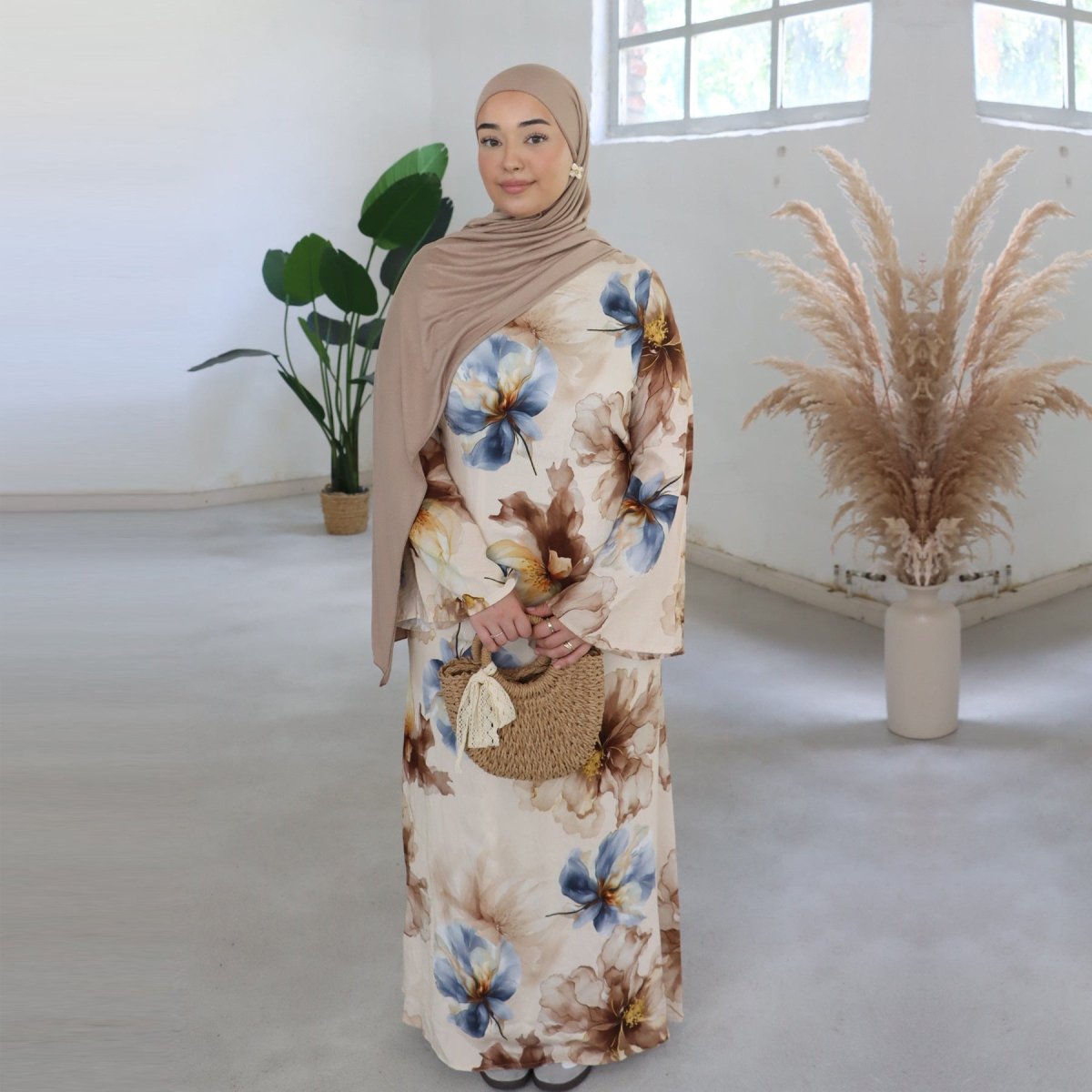 Floral Print Abaya with Bell Sleeves(MA332) - Mariam's Collection