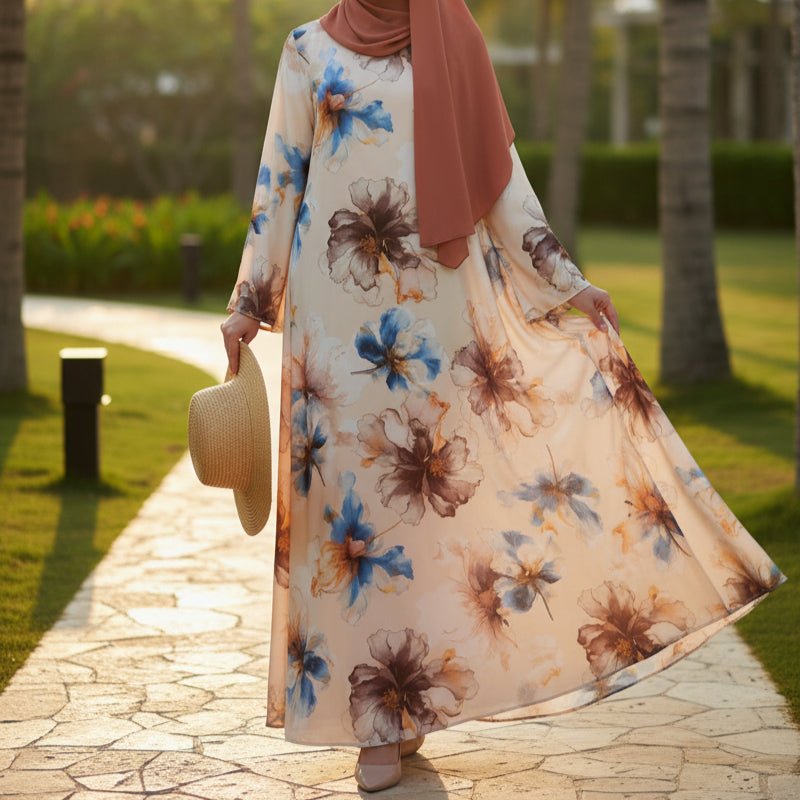 Floral Print Abaya with Bell Sleeves(MA332) - Mariam's Collection