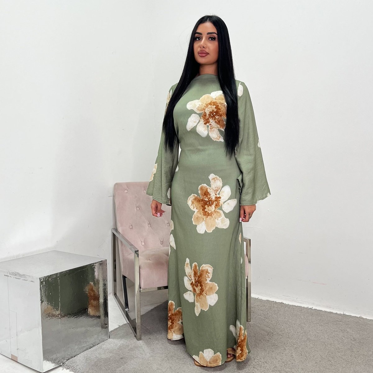 Floral Print Bell Sleeve Maxi Dress Abaya. (MA214) - Mariam's Collection