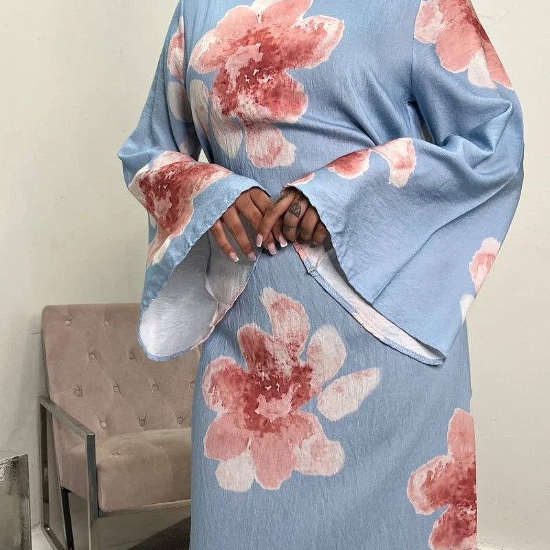 Floral Print Bell Sleeve Maxi Dress Abaya (MA214) - Mariam's Collection