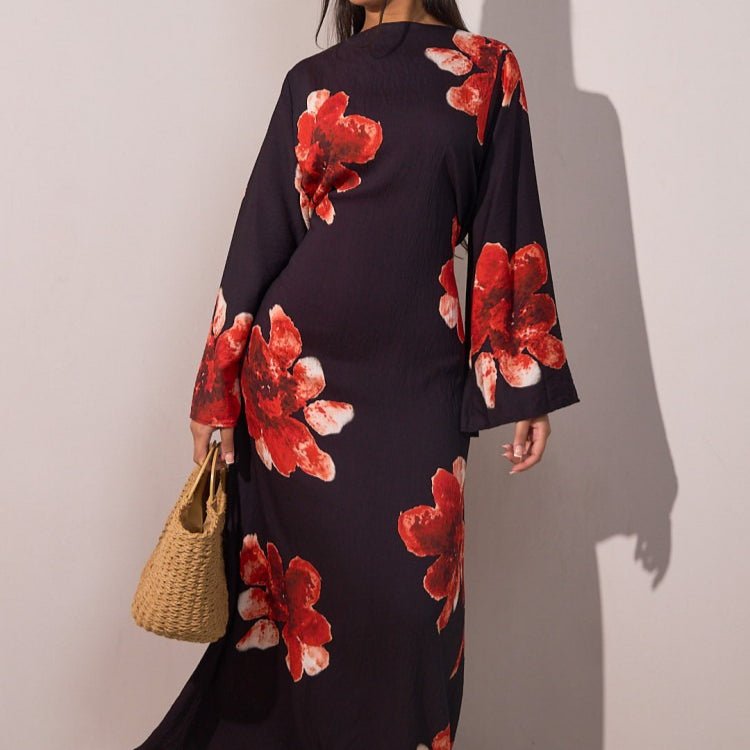 Floral Print Bell Sleeve Maxi Dress Abaya (MA214) - Mariam's Collection