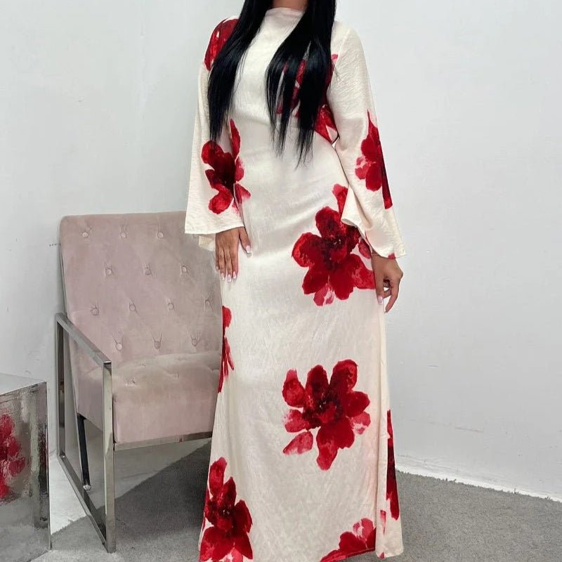 Floral Print Bell Sleeve Maxi Dress Abaya (MA214) - Mariam's Collection