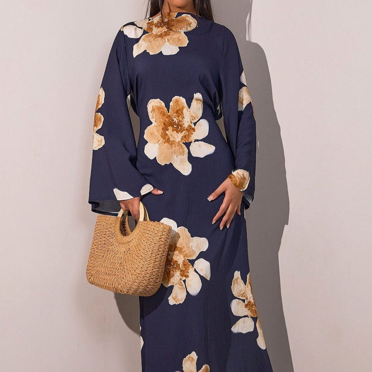 Floral Print Bell Sleeve Maxi Dress Abaya (MA214) - Mariam's Collection