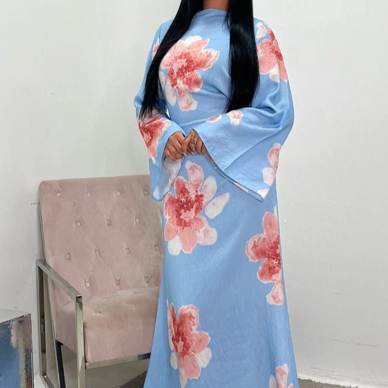Floral Print Bell Sleeve Maxi Dress Abaya (MA214) - Mariam's Collection