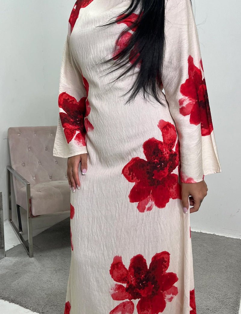 Floral Print Bell Sleeve Maxi Dress Abaya. (MA214) - Mariam's Collection