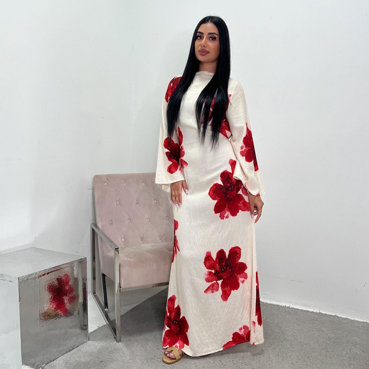 Floral Print Bell Sleeve Maxi Dress Abaya. (MA214) - Mariam's Collection
