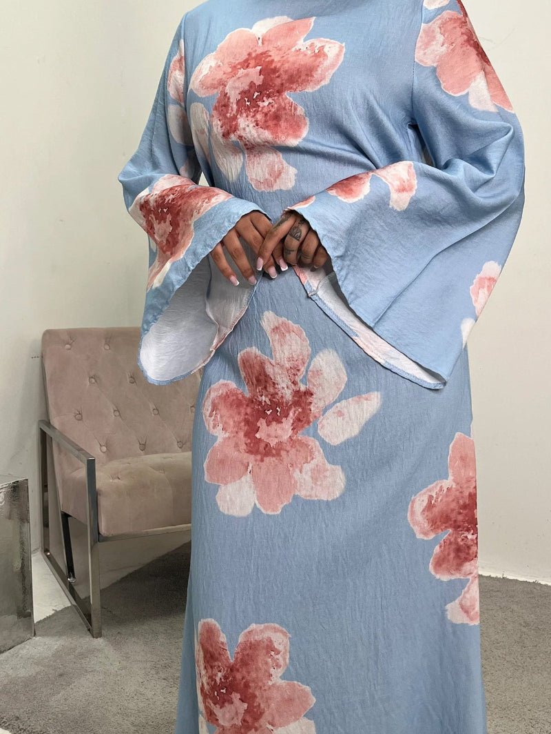 Floral Print Bell Sleeve Maxi Dress Abaya. (MA214) - Mariam's Collection