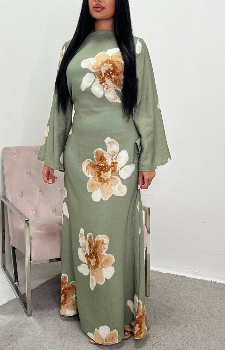 Floral Print Bell Sleeve Maxi Dress Abaya. (MA214) - Mariam's Collection