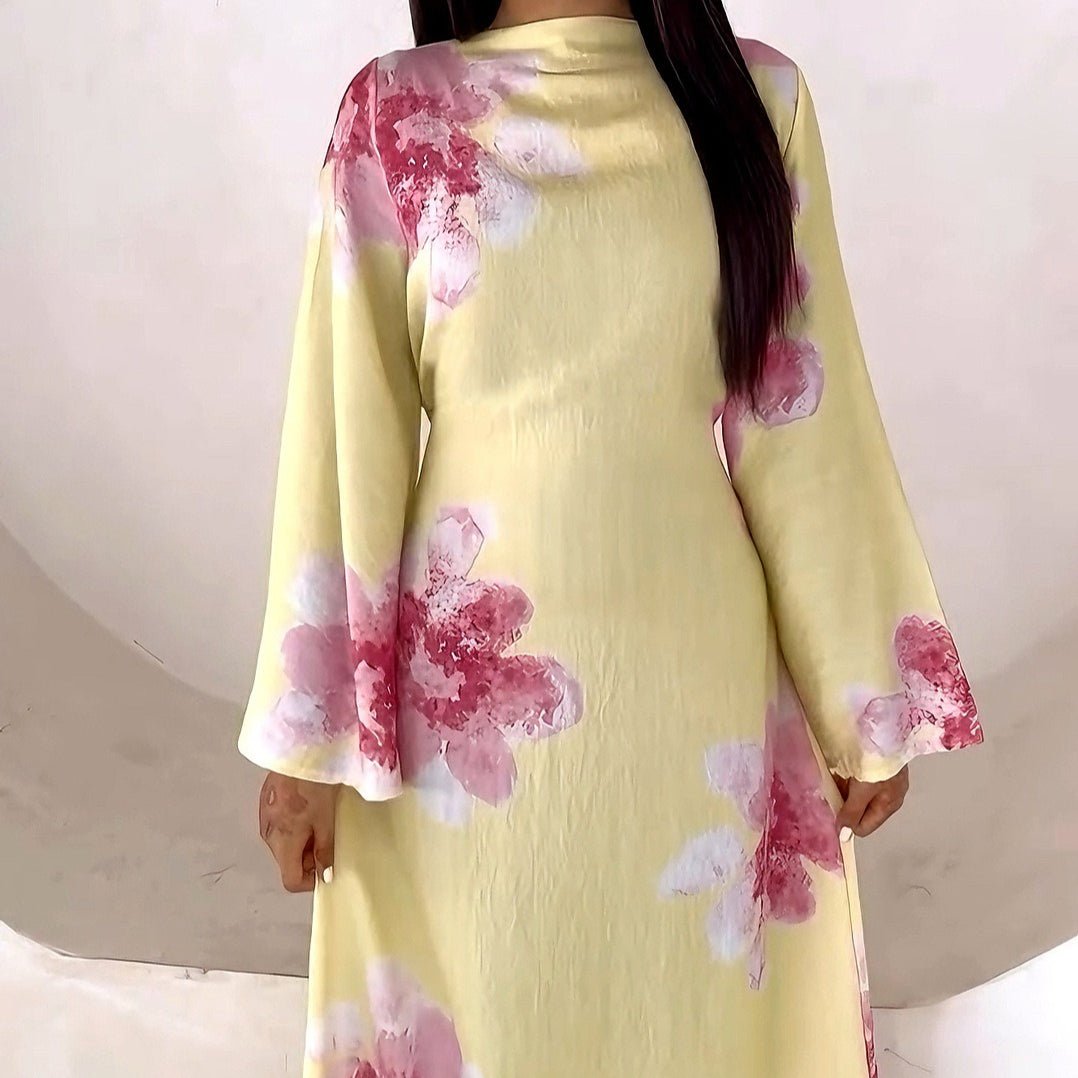 Floral Print Bell Sleeve Maxi Dress Abaya (MA214) - Mariam's Collection
