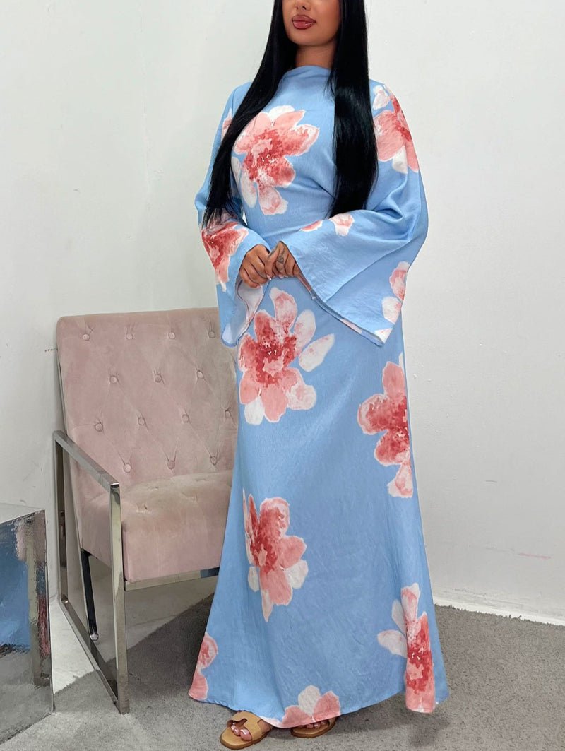 Floral Print Bell Sleeve Maxi Dress Abaya. (MA214) - Mariam's Collection
