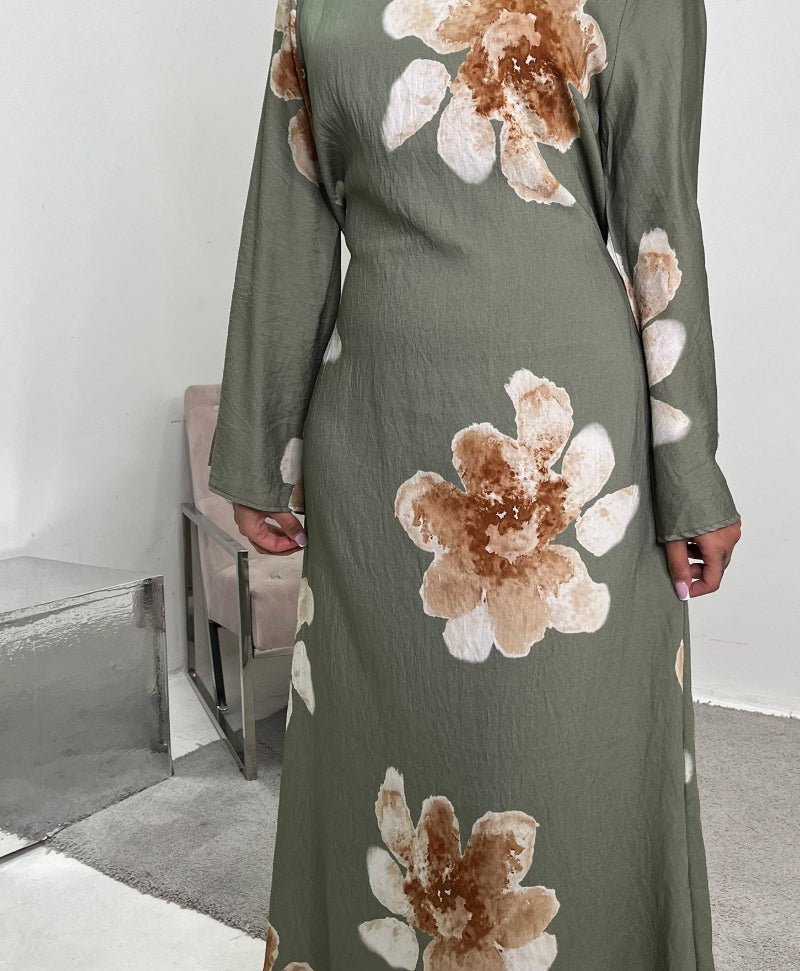 Floral Print Bell Sleeve Maxi Dress Abaya. (MA214) - Mariam's Collection