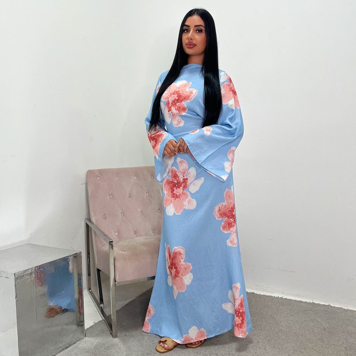 Floral Print Bell Sleeve Maxi Dress Abaya. (MA214) - Mariam's Collection