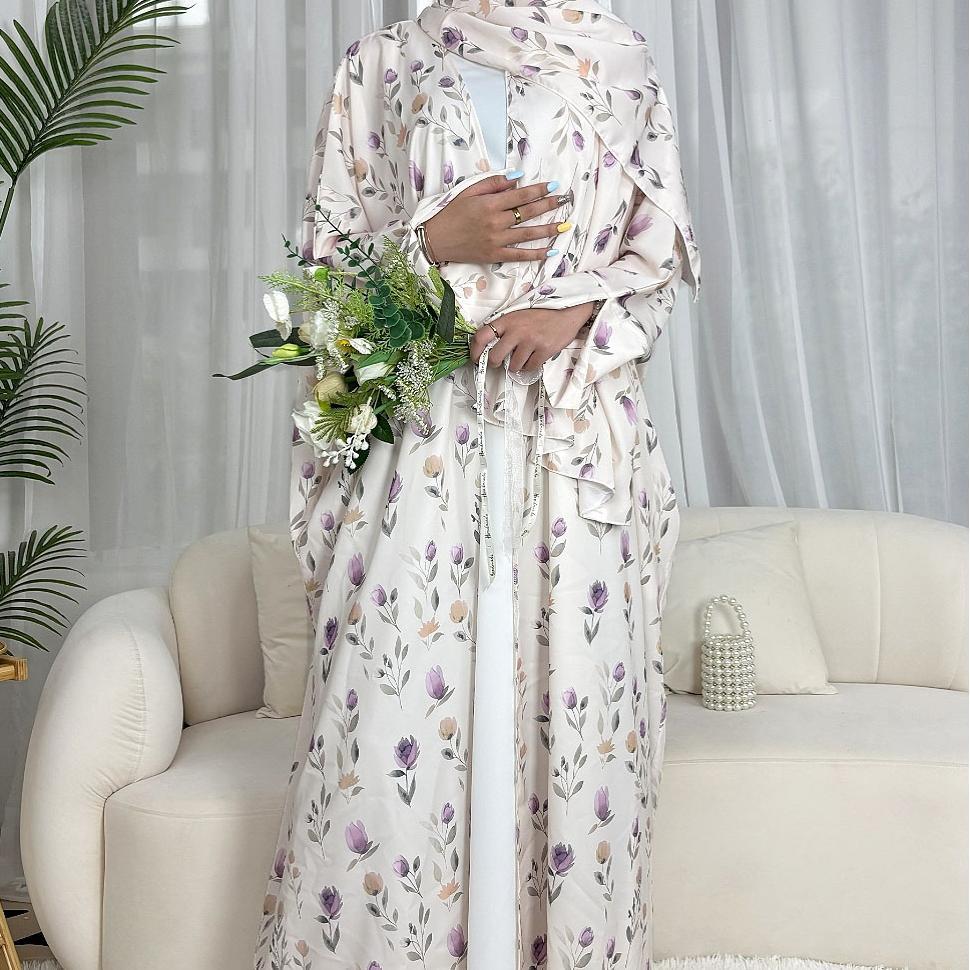 Floral Print Butterfly Sleeve Abaya Set | Resort Style Open - Front Cardigan(MOA256) - Mariam's Collection