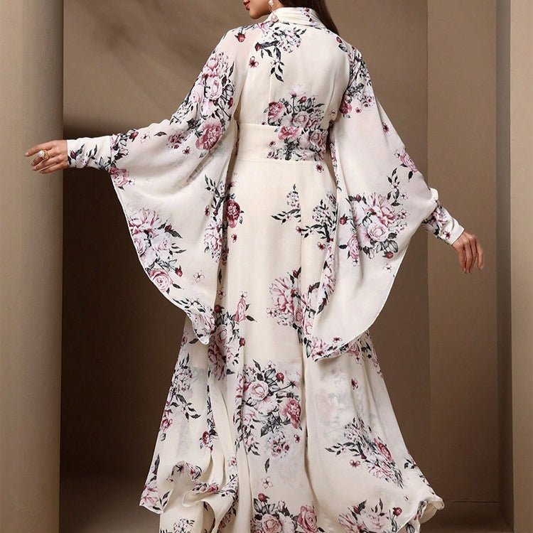 Side view of asymmetric layered ruffle hem on floral modest occasion dress