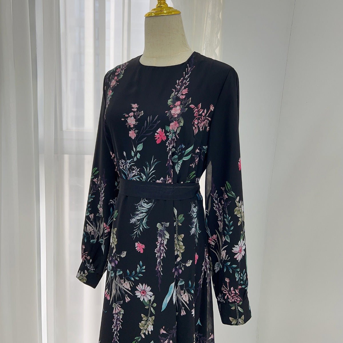 Floral Print Chiffon Maxi Dress | Modest High Neck Long Sleeve Dress with Belt. (MA238) - Mariam's Collection