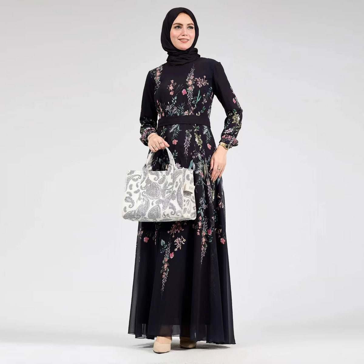 Floral Print Chiffon Maxi Dress | Modest High Neck Long Sleeve Dress with Belt. (MA238) - Mariam's Collection