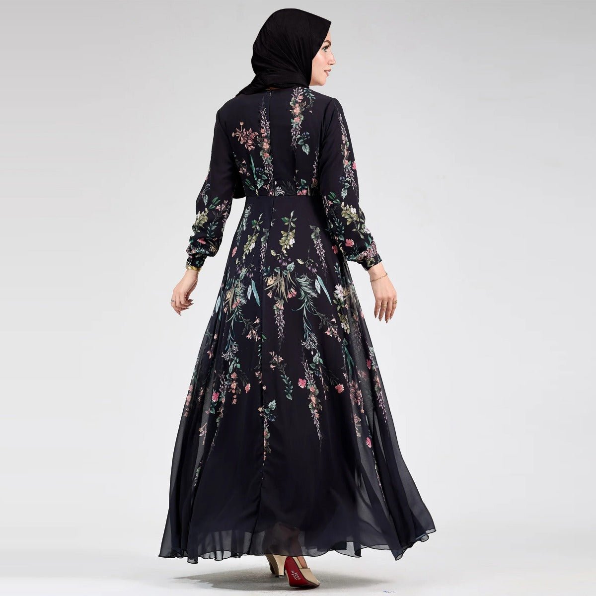 Floral Print Chiffon Maxi Dress | Modest High Neck Long Sleeve Dress with Belt. (MA238) - Mariam's Collection