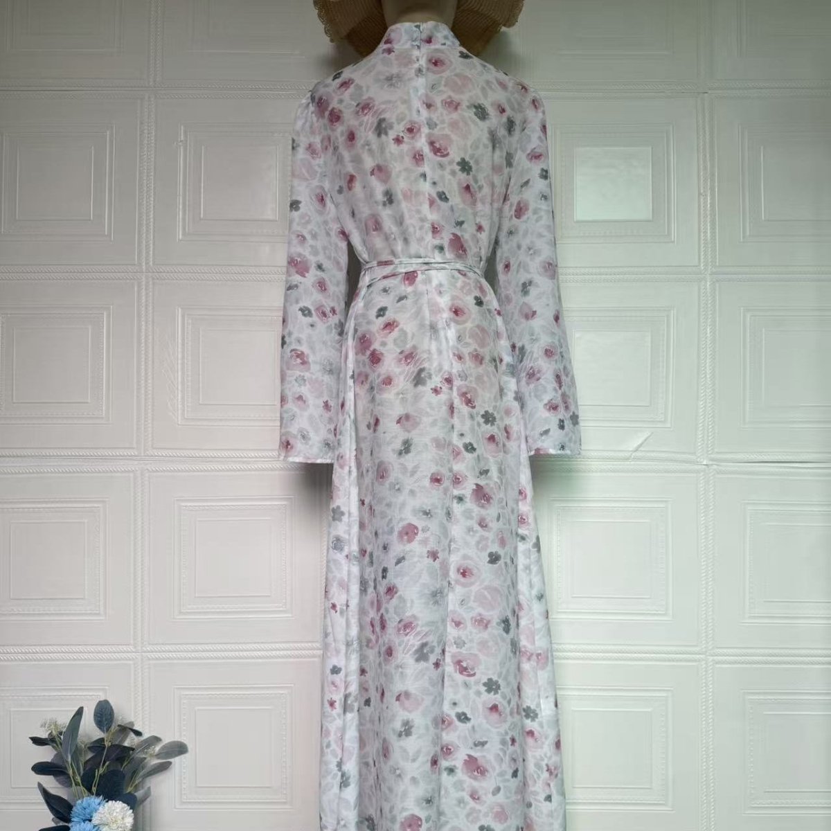 Floral Print Flared-Sleeve Waist Belt Maxi Dress(MS482) - Mariam's Collection