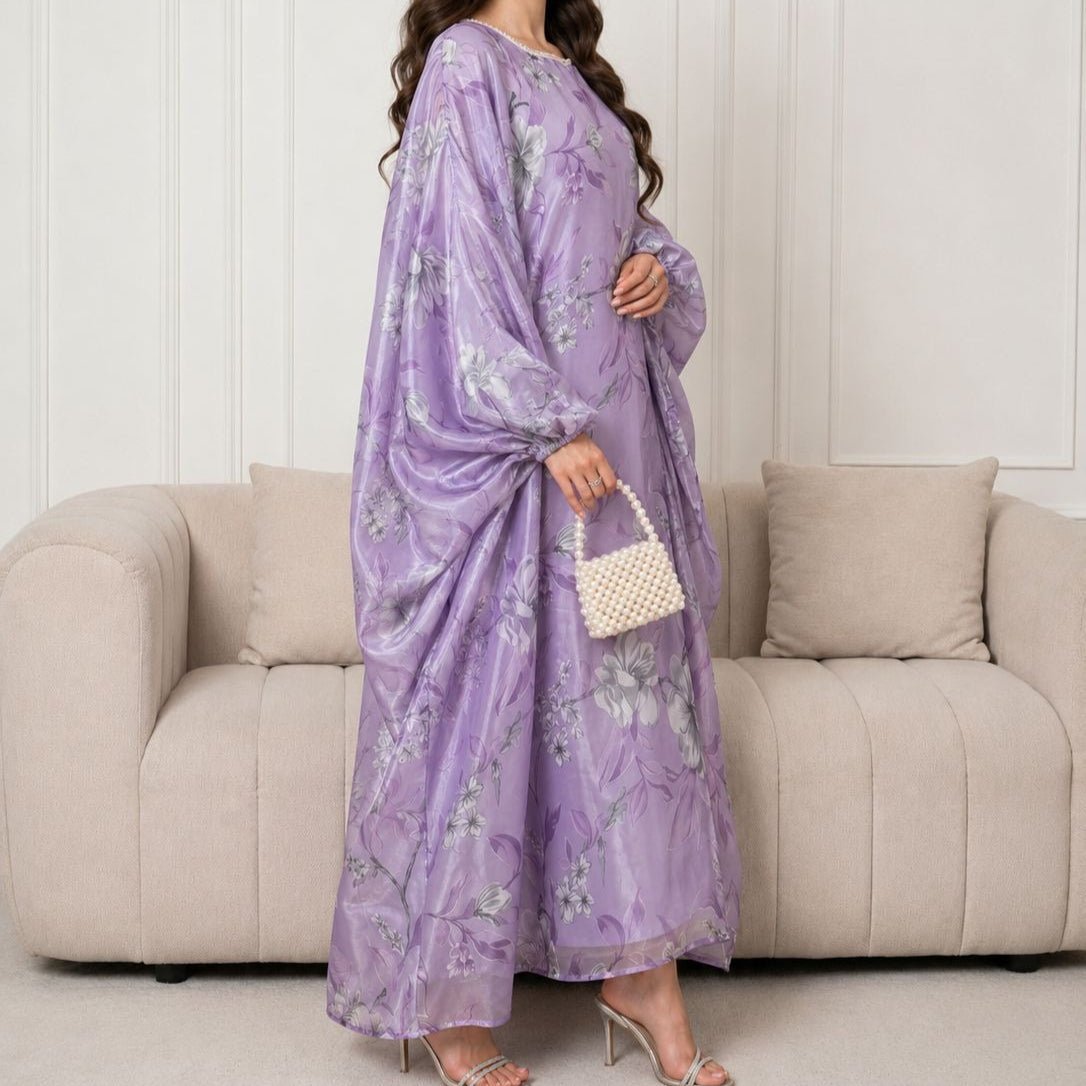 Batwing sleeve draping on organza-effect floral maxi dress