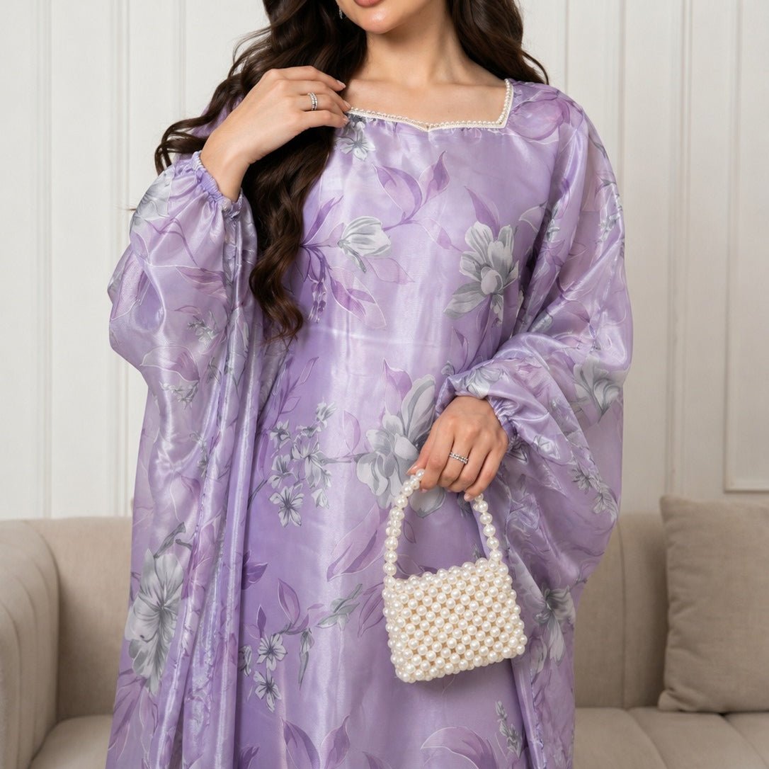 Pearl Neckline Floral Maxi Dress – Organza Abaya