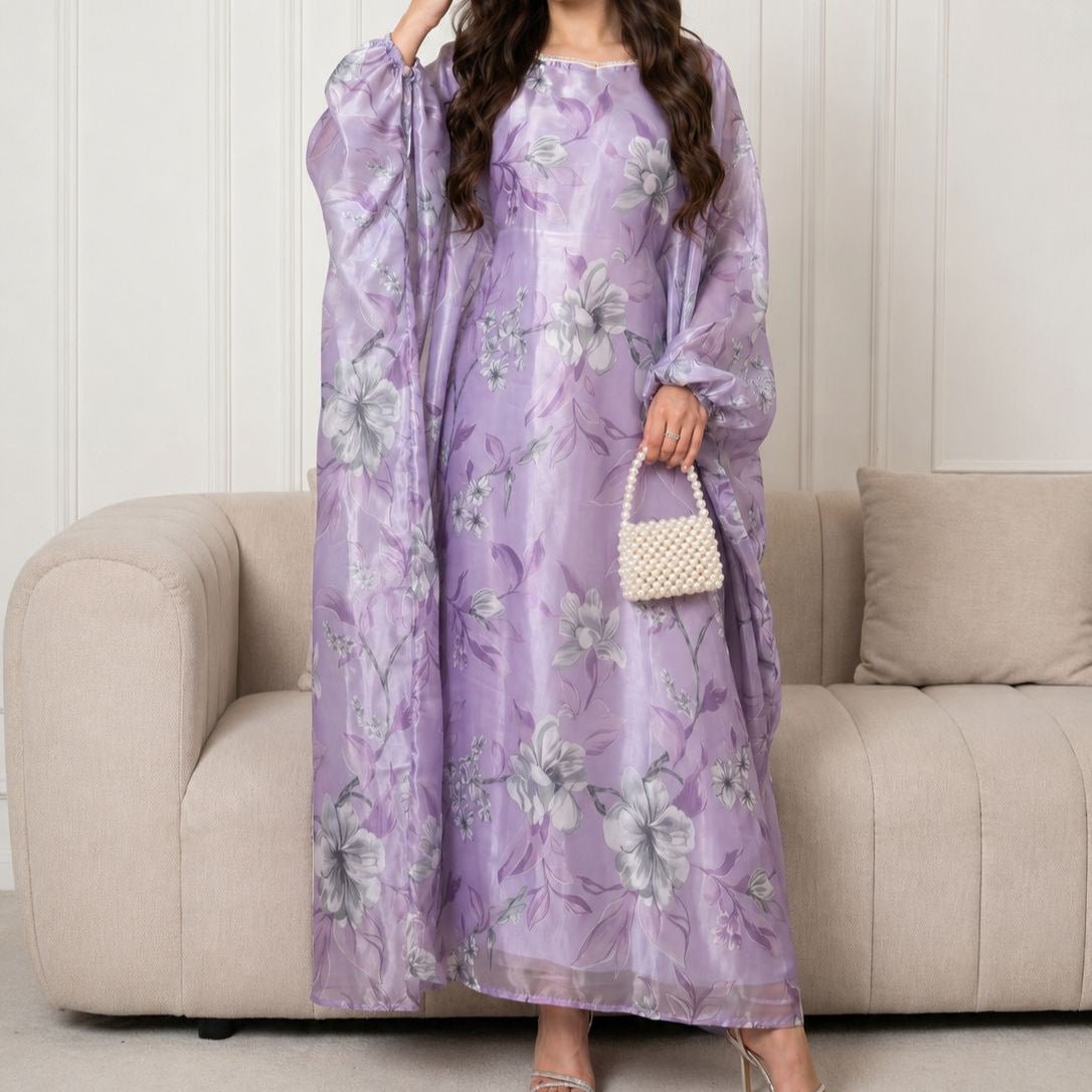 Pearl Neckline Floral Maxi Dress – Organza Abaya