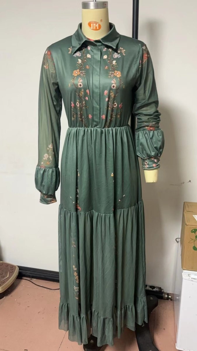 Floral Printer Shirt Dress | Elegant Collar Button - Front Gown Abaya(MA381) - Mariam's Collection