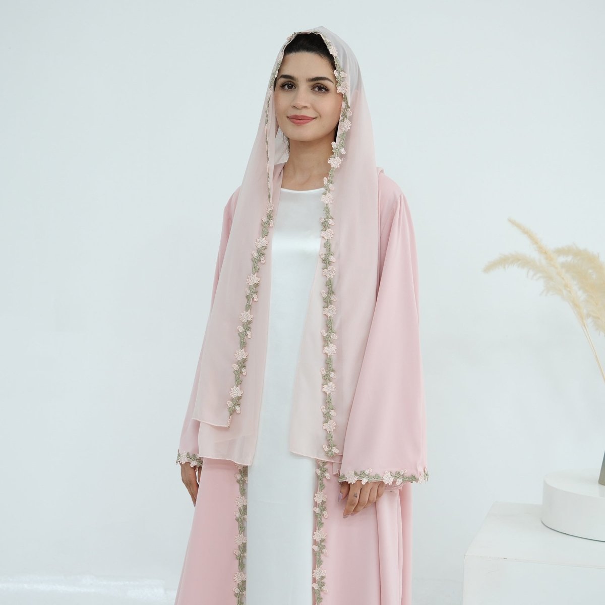 Floral Trim Abaya & Hijab Set(MOA254) - Mariam's Collection