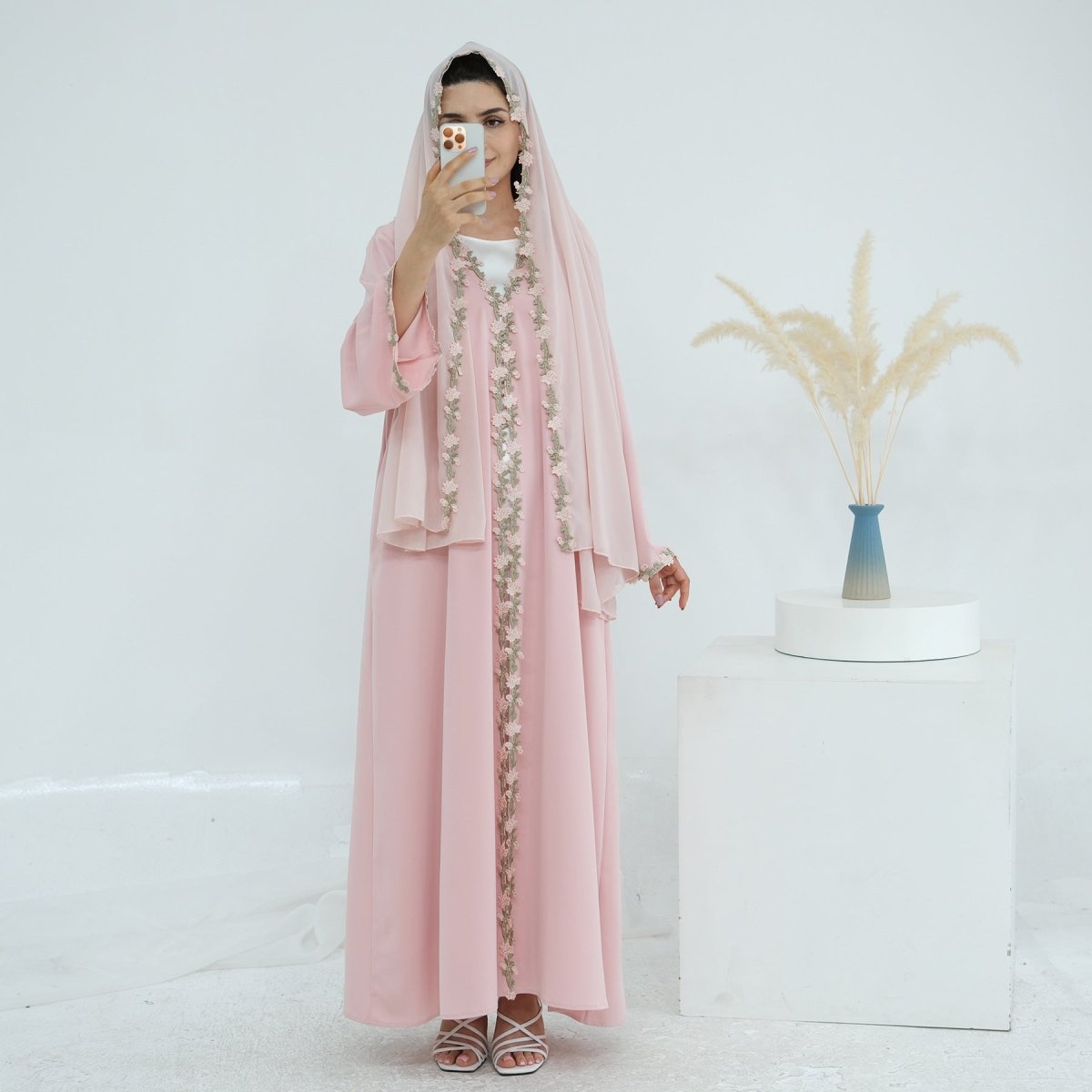 Floral Trim Abaya & Hijab Set(MOA254) - Mariam's Collection