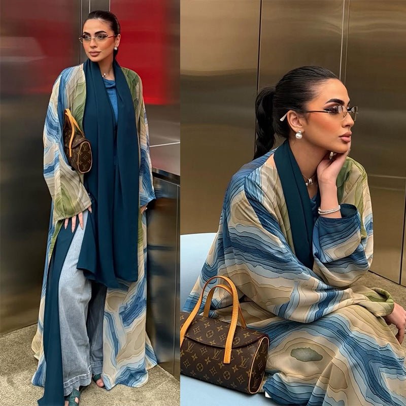 Fluid Topographic Print Open Abaya & Matching Hijab Set(MOA331) - Mariam's Collection