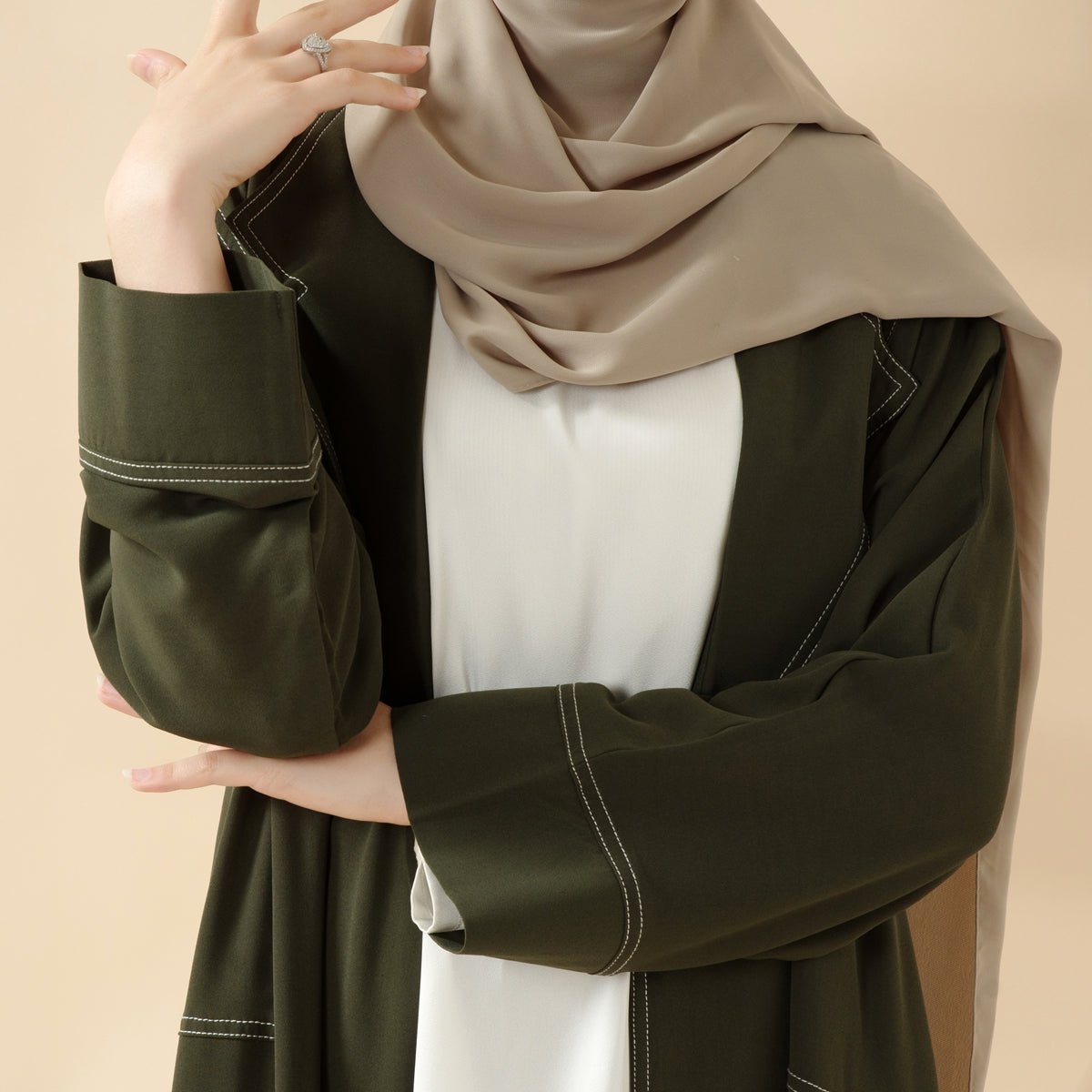 Forest Green Contrast Stitching Double - Breasted Trench Coat Thin Open Abaya (MOA122) - Mariam's Collection