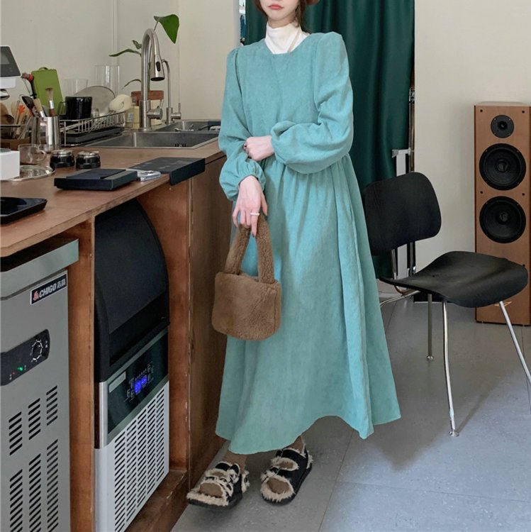 French Corduroy Lantern Sleeve Maxi Dress | Elastic Cuff Gathered Dress(MS206) - Mariam's Collection